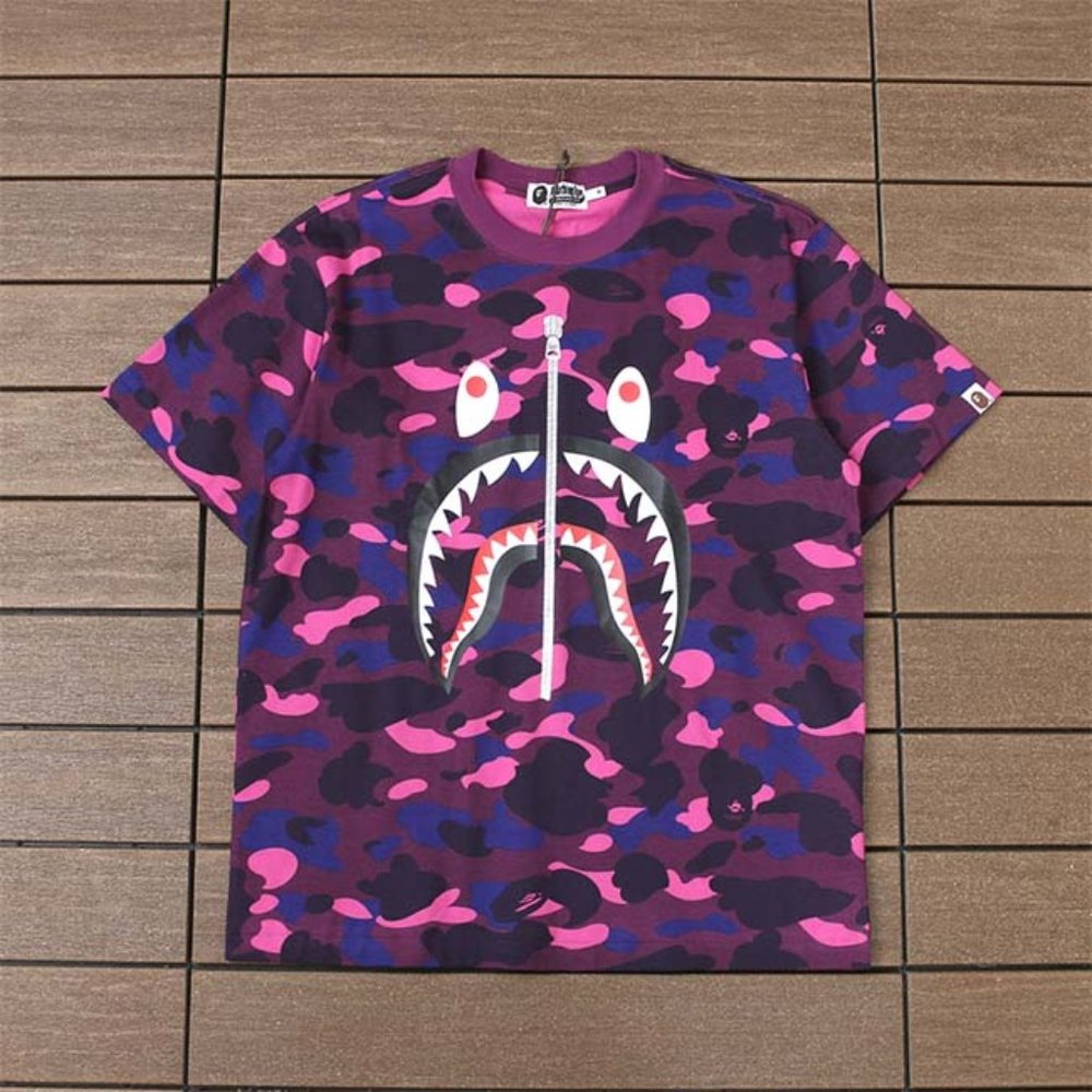 BAPE Camouflage Shark Mouth Logo T-Shirt - Purple Short Sleeve